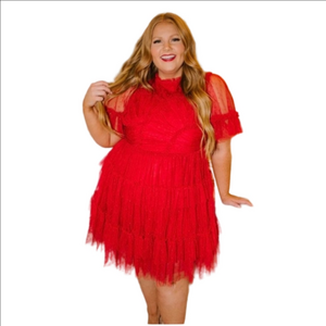 Ivy City Co Whimsical Red Dress Short Fit & Flare Puff Sleeve XL EUC